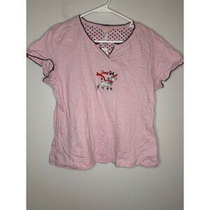 STEVE NEW Pink Lady Fancy Girl Short Slv Tee Womens L Ruffle V-Neck Poodle